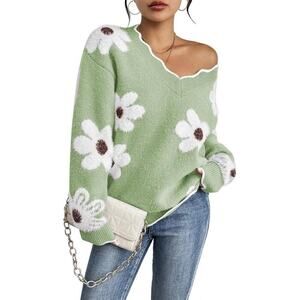 Women's Oversized V Neck Fuzzy Sweaters Light Green Loose Long Sleeve Top